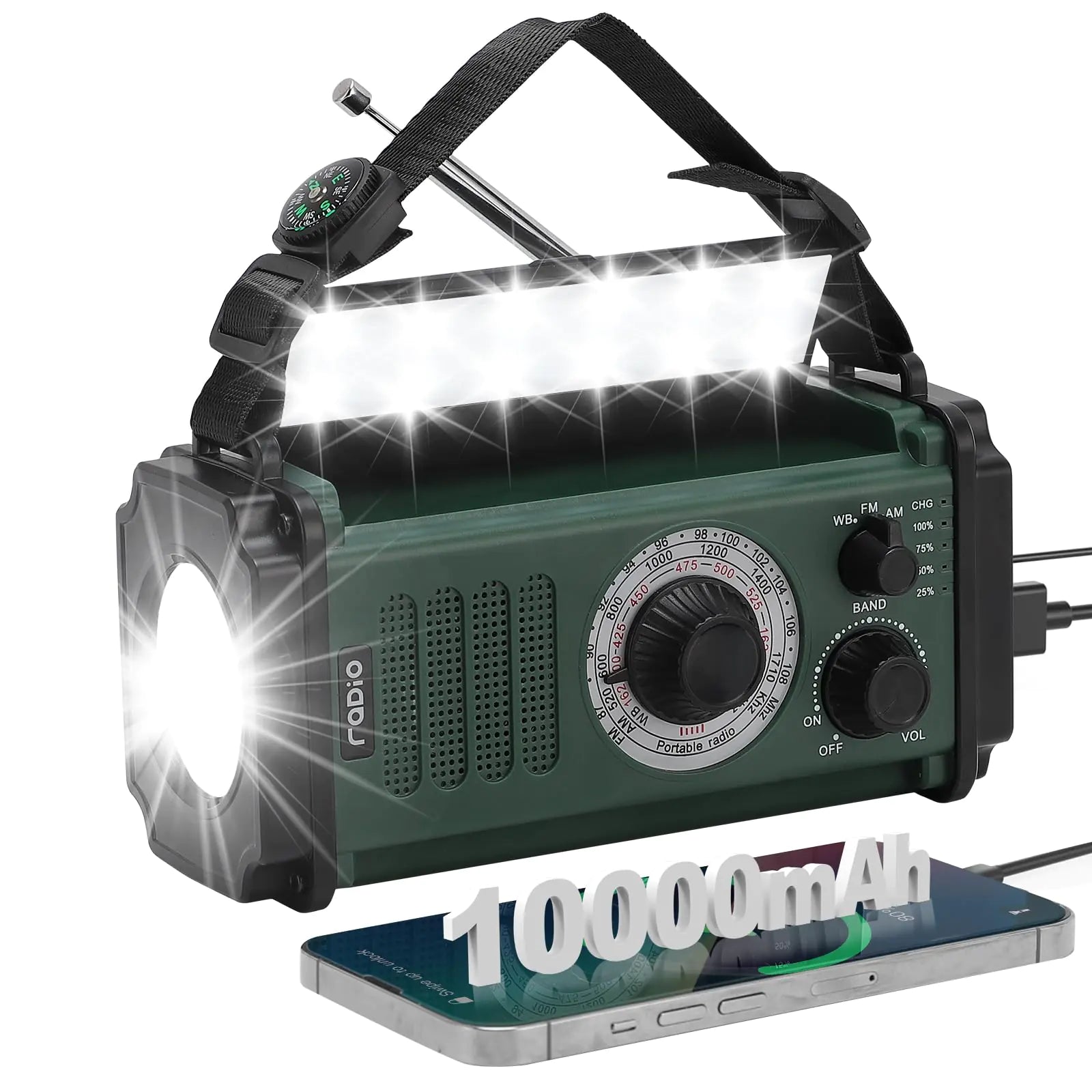 Noodradio met zwengel & zonnepaneel – 10.000 mAh, AM/FM