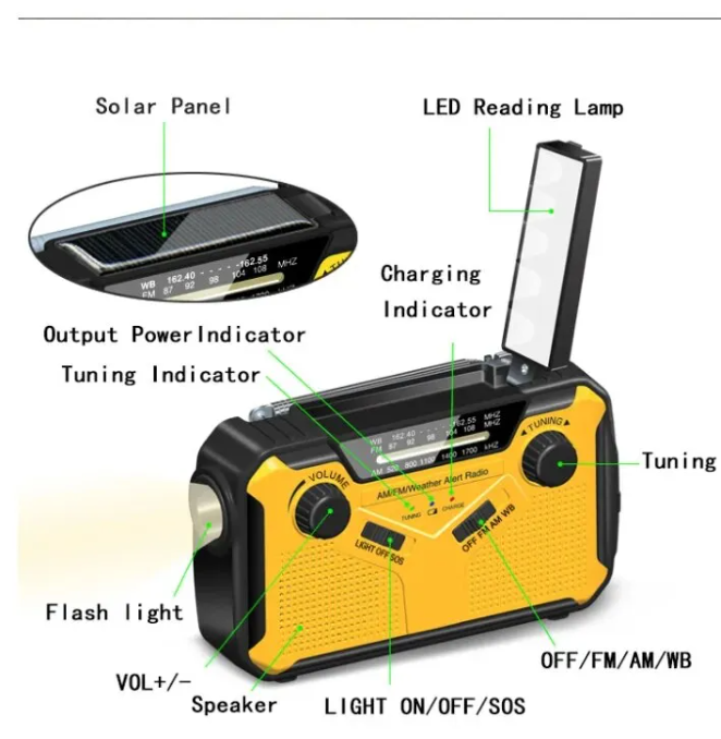 Noodradio met zwengel en zonnepaneel – AM/FM, zaklamp en powerbank
