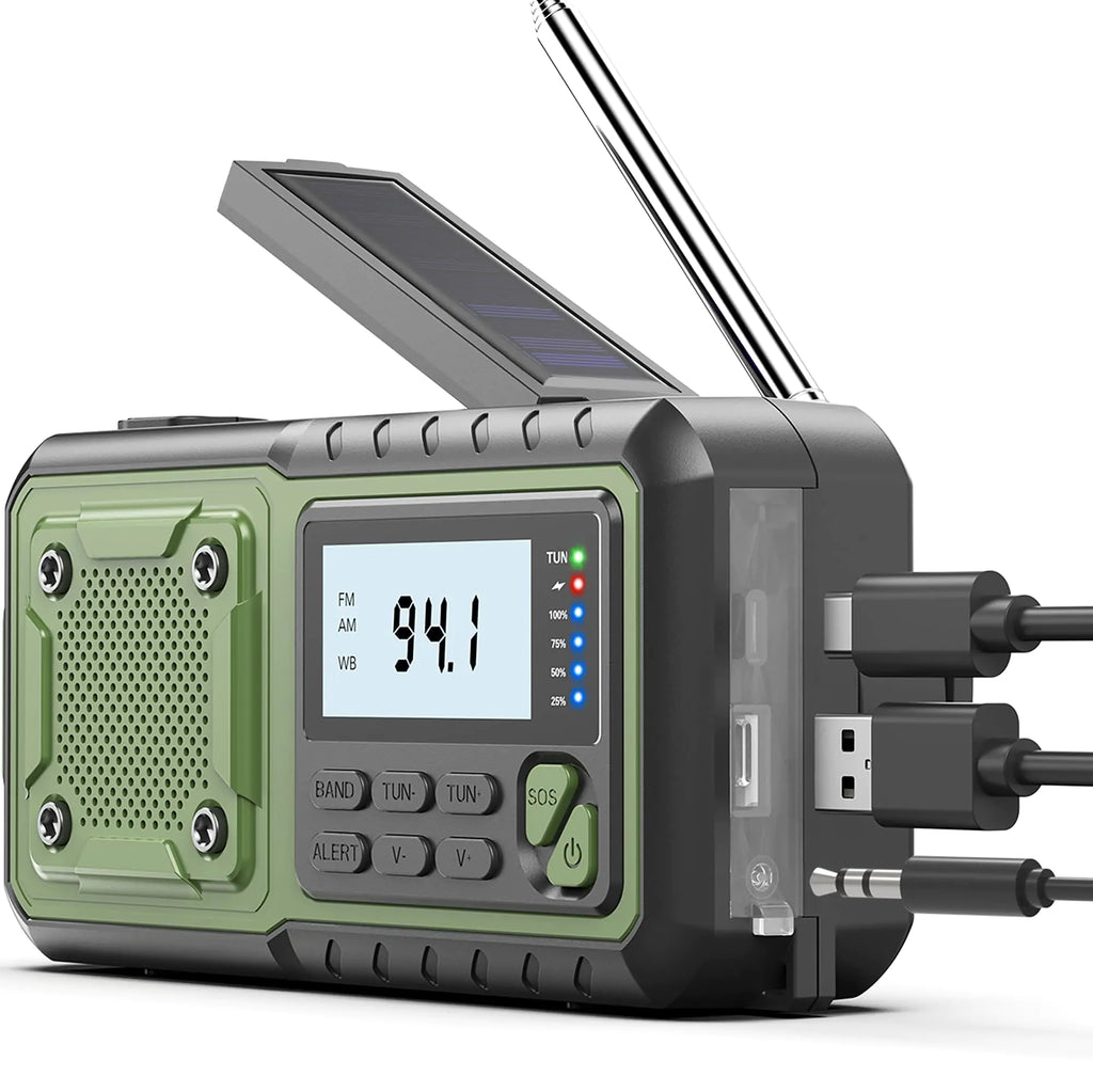 Noodradio met zwengel & zonnepaneel – 5000 mAh powerbank, AM/FM, SOS-alarm