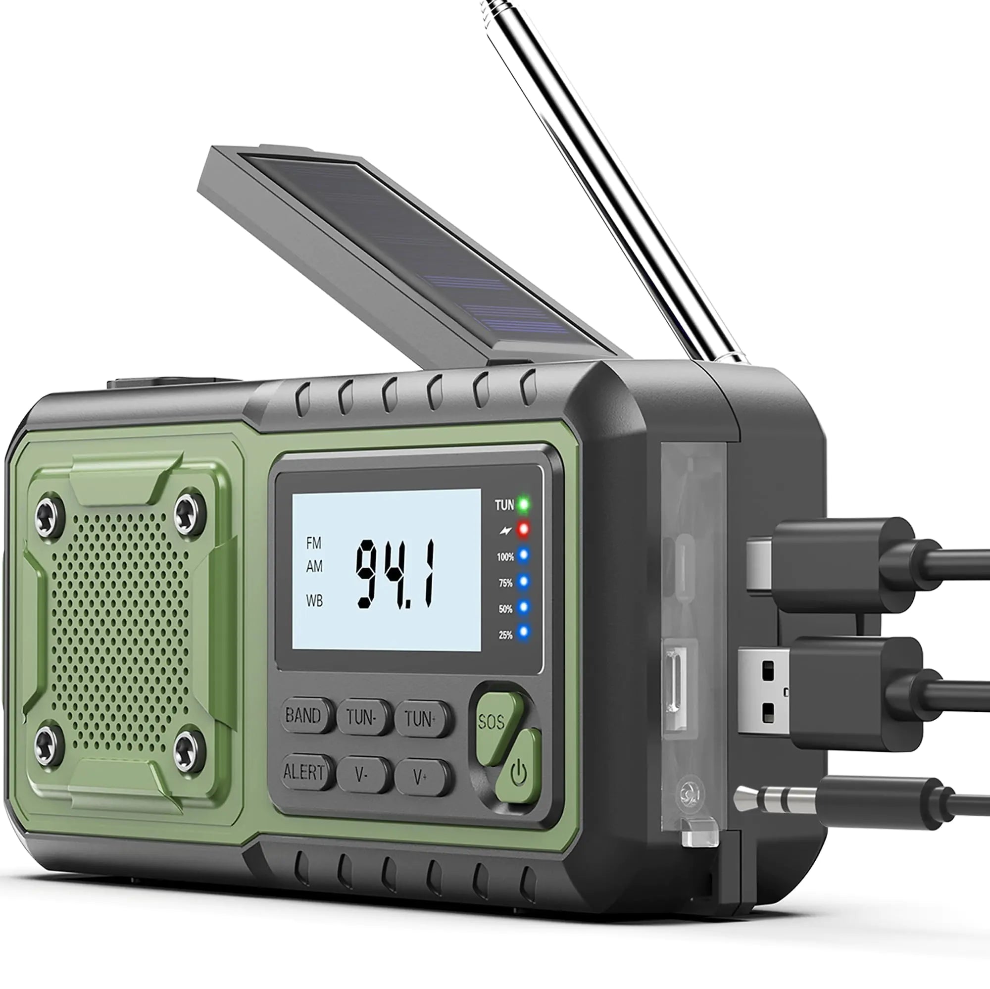 Noodradio met zwengel & zonnepaneel – 5000 mAh powerbank, AM/FM, SOS-alarm